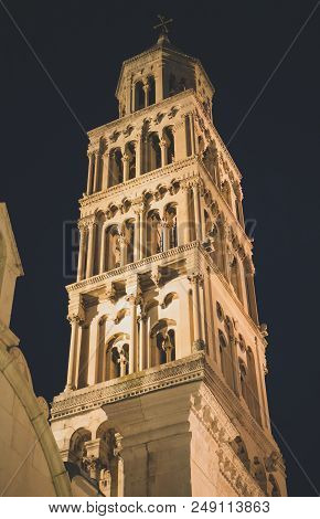 Night View Of Cathedral Of Saint Domnius In Split, Croatia.