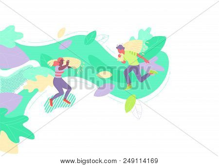 Vector Illustration Of Two People Carrying Sheaves Of Wheat. Local Farmers Market And Eco Food Conce