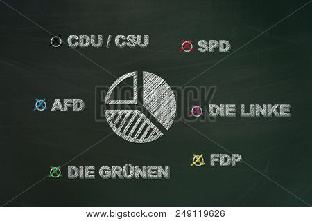 German Parties Written With Chalk On Chalkboard And Painted Diagram With Distribution Of Election Fr