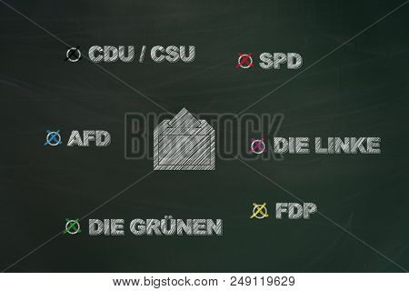 German Parties Written With Chalk On Chalkboard And Painted Voting Box With Ballot As Request To Go 