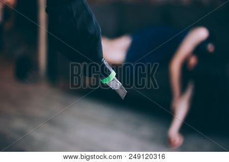 Wicked And Evil Murderer Attempt To Kill A Woman In Danger With A Knife Cutter - Homicide And Violen