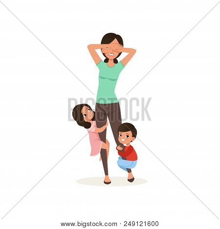 Smiling Kids Want To Play With Their Tired Mother, Parenting Stress Concept, Relationship Between Ch