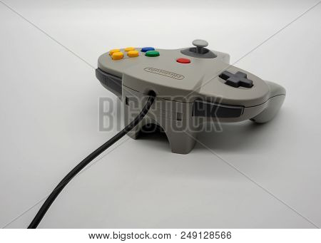 Nintendo64 : Bangkok, Thailand - July 12, 2018 : Grey Nintendo 64 Game Controller Isolated On White 