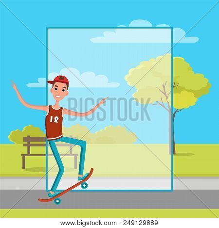 Skateboarder Training In Green Skatepark With Trees And Bushes, Getting Ready For Go Skateboarding D