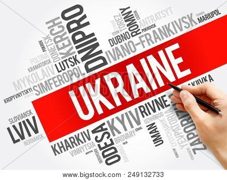 List Of Cities In Ukraine Word Cloud Collage, Business And Travel Concept Background