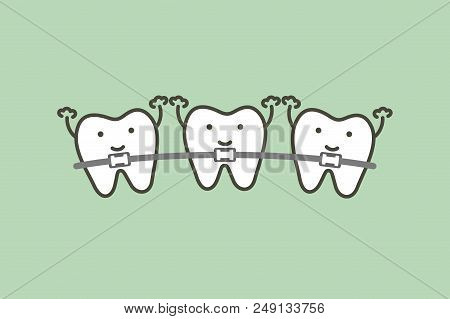 Orthodontics Teeth Or Dental Braces - Tooth Cartoon Vector Flat Style Cute Character For Design