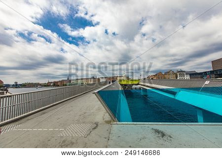 Copenhagen, Denmark - June 14, 2018: Unidentified People On Inderhavnsbroen Bridge In Copenhagen, De