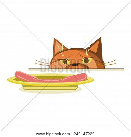 Hungry Cat Wants To Steal A Sausage From The Table