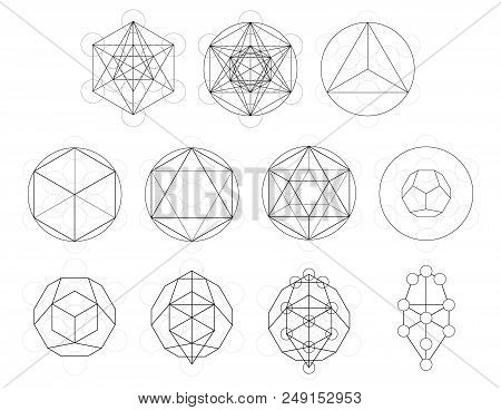Set Of Geometrical Elements And Shapes. Sacred Geometry Metatrons Cube Development. Vector Designs