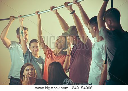 Smell Of Sweat. Sweaty Armpits. Man In Bus Or Public Transport. The Unhappy People Near Man. Hyperhi