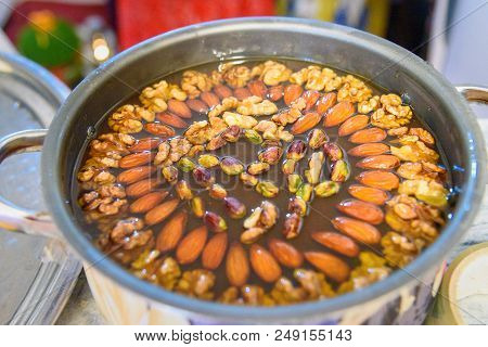 Homemade Baklava And Halva. Local Sweets With A Variety Of Nuts, Lorestan Province. Iran