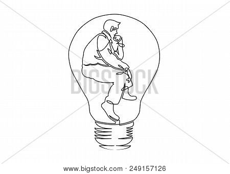 Continuous One Drawn Line Silhouette Of A Businessman Sitting In  Pose Of A Thinker In A Light Bulb.