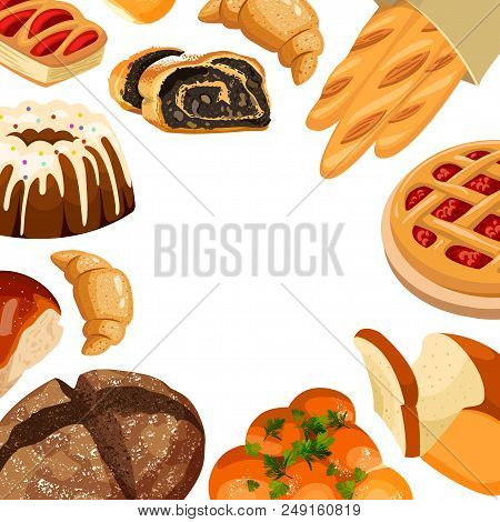 Vector Square Bakery Frame. Baked Bread Products Wheat, Rye Bread Loafs, Bagels, Sliced Bread Toasts
