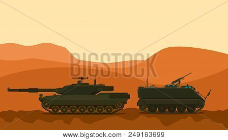 Tank War Desert Warrior With Mountain Background Vector Graphic Illustration