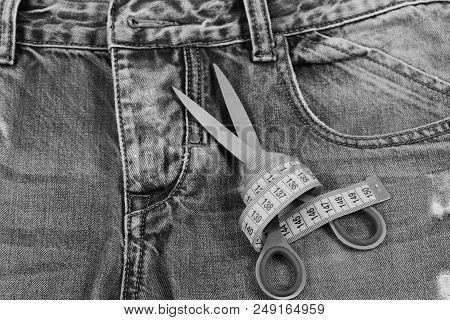 Tailors Tools On Denim Fabric, Selective Focus. Making Clothes And Design Concept. Jeans Crotch, Poc