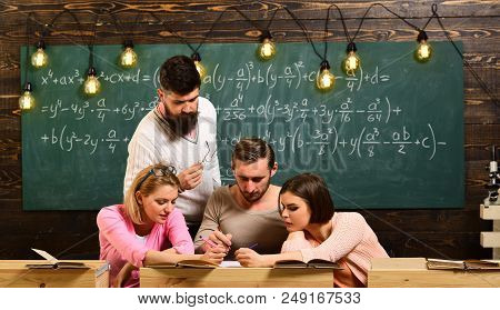 Group Of Students Study At University. Group Courses Education. Group School Lesson With Men And Wom