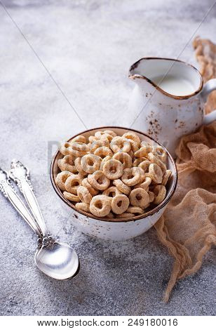 Sweet Cereal Loops In Bowl. Corn Flakes For Breakfast. Selective Focus
