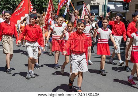 Prague, Czech Republic - July 1, 2018: Children Parading At Sokolsky Slet, A Once-every-six-years Ga