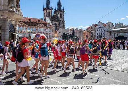 Prague, Czech Republic - July 1, 2018: Teenagers Parading At Sokolsky Slet, A Once-every-six-years G