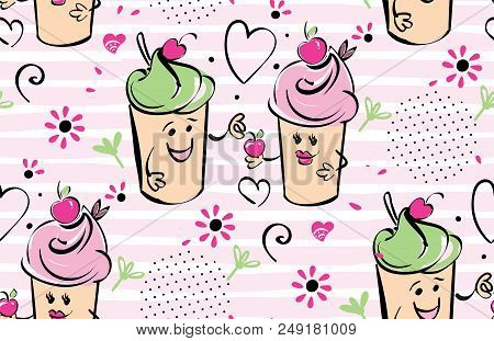 Girl And Boy Ice Cream Character And Cherry, Pink Stripes, Hearts. The Boy Gives The Cherry To The G