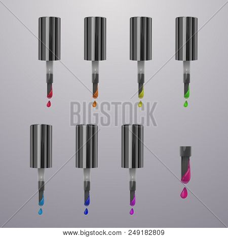 Colorful Dots Nail Polish. Bright Colors Isolated On Light Background. Beauty And Cosmetics Template
