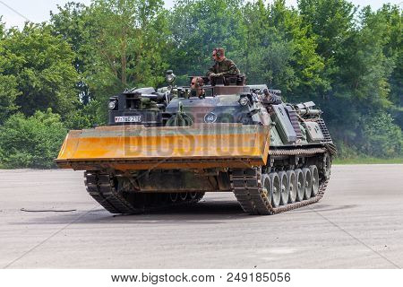 Feldkirchen / Germany - June 9, 2018: German Tank Dozer Dachs Drives On A Road At Day Of The Bundesw
