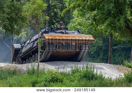 Feldkirchen / Germany - June 9, 2018: German Tank Dozer Dachs Drives On A Road At Day Of The Bundesw