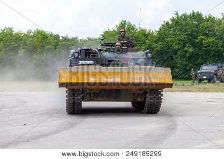 Feldkirchen / Germany - June 9, 2018: German Tank Dozer Dachs Drives On A Road At Day Of The Bundesw