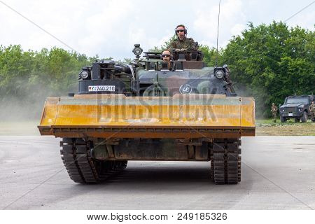 Feldkirchen / Germany - June 9, 2018: German Tank Dozer Dachs Drives On A Road At Day Of The Bundesw