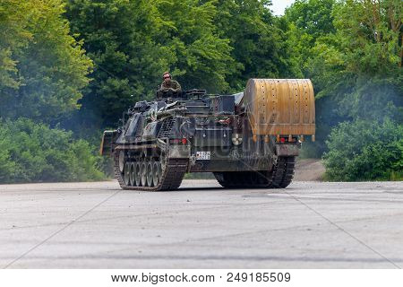 Feldkirchen / Germany - June 9, 2018: German Tank Dozer Dachs Drives On A Road At Day Of The Bundesw