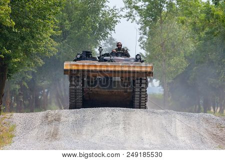 Feldkirchen / Germany - June 9, 2018: German Tank Dozer Dachs Drives On A Road At Day Of The Bundesw