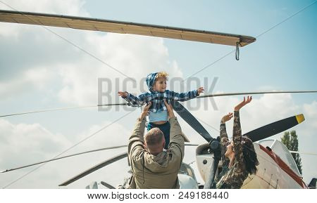 Dreaming Concept. Little Child Dreaming About Flying In Sky On Plane. Little Son Dreaming Of Being P