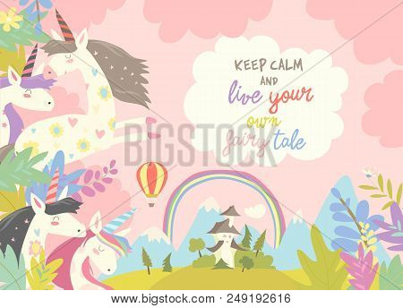 Cute Magic Unicorns And Castle. Vector Illustration