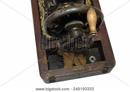 Rear Rotating Mechanism Close-up. Elegant Fly-wheel And A Simple Wooden Handle On The Lever Crank Me