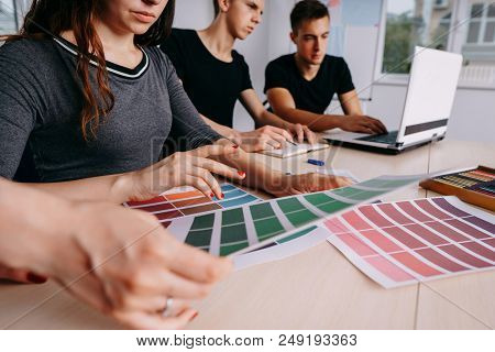Interior Designers Business Meeting. Creative Team Working Together At Design Studio. Coworkers Comm