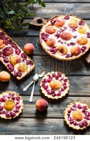 Rustic Open Pie With Peach And Raspberry, French Galette . Peach Tart. Raspberry Tart. Tartalette Wi