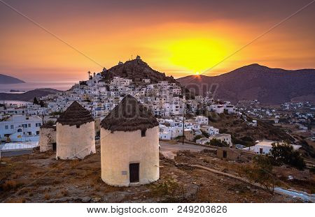 Iconic Traditional Wind Mills In Ios Island, Cyclades, Greece.