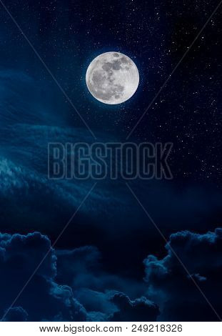 Beautiful Vivid Skyscape With Many Stars. Landscape Of Night Sky With Bright Full Moon And Cloudy, S