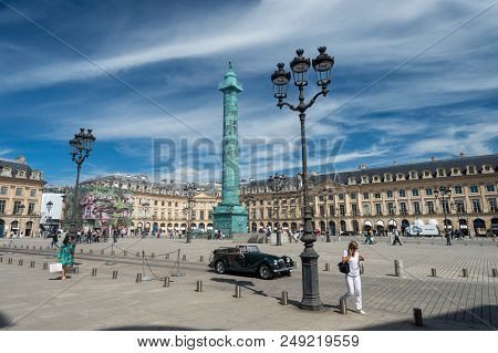 Paris, France - 23 June 2018: Wide Angle View Of Place Vendome Square With Blue Sky.