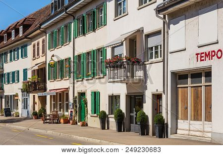 Schaffhausen, Switzerland - August 26, 2015: Buildings In The Historic Part Of The City Of Schaffhau