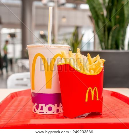 Moscow, Russia, March 15 2018: McDonald's Big Mac hamburger menu, French Fries and Coca Cola