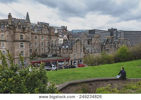 Edinburgh, Scotland - April 2018: Cityscape Of Old Town Edinburgh With Classic Scottish Buildings On
