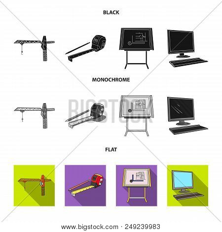 Construction Crane, Measuring Tape Measure, Drawing Board, Computer. Architecture Set Collection Ico