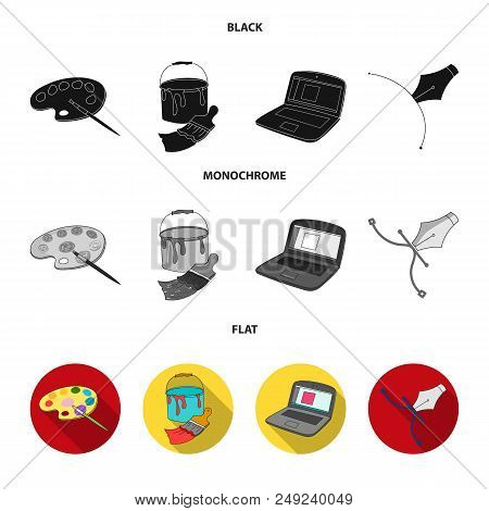 A Palette With A Brush, A Bucket With A Paint Brush, A Computer, A Tool, A Pen.artist And Drawing Se