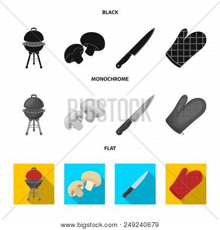 Barbeque Grill, Champignons, Knife, Barbecue Mitten.bbq Set Collection Icons In Black, Flat, Monochr