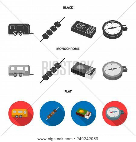 Trailer, Shish Kebab, Matches, Compass. Camping Set Collection Icons In Black, Flat, Monochrome Styl
