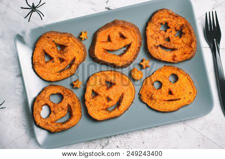 Roasted Sweet Potato Carving Funny Faces, Halloween Symbol, Creative Food