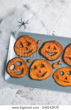 Roasted Sweet Potato Carving Funny Faces, Halloween Symbol, Creative Food