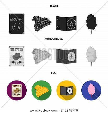 Western Cinema, Tickets, Sweet Cotton Wool, Film On Dvd.filmy And Cinema Set Collection Icons In Bla