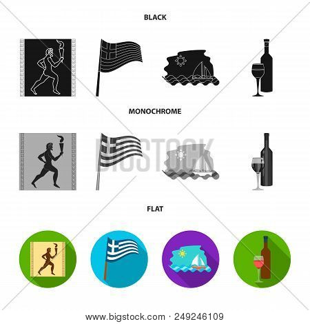 Greece, Running, Wine, Flag .greece Set Collection Icons In Black, Flat, Monochrome Style Vector Sym